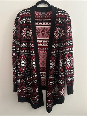 Open-Front Skull Fair Isle Cardigan Sweater - Black & Red
